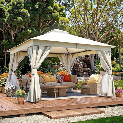 LAUSAINT HOME Semi-Permanent Outdoor Patio Gazebo 12'x12', Heavy Duty Party Tent Shelter with Double Roofs, Mosquito Nettings and Privacy Screens for Backyard, Garden, Lawn, Cream White
