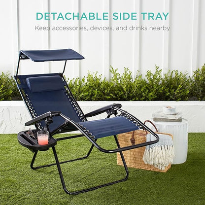 Best Choice Products Folding Zero Gravity Outdoor Recliner Patio Lounge Chair w/Adjustable Canopy Shade, Headrest, Side Accessory Tray, Textilene Mesh - Navy Blue