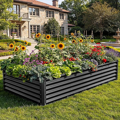 YITAHOME 8x4x1.5ft Large Raised Garden Bed Kit, Galvanized Metal Planter Box with Gloves, Ground Nails & Safety Rubber, Outdoor Above Ground Planters for Plants Vegetables Flowers, Black