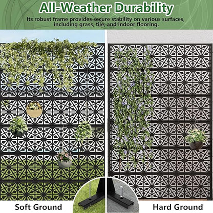 Casaphoria Metal Privacy Screen Outdoor, 72" H x 47" W Freestanding Decorative Privacy Screen for Patio Deck Balcony Garden with Stable Base, Black-Gene