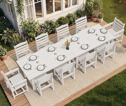 SERWALL Patio Dining Sets for 10 Person, HDPE Dining Set with 2 Tables, 8 Armless Chairs and 2 Armed Dining Chairs, White