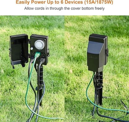 SURAIELEC Outdoor Power Stake, 24-Hour Mechanical Light Timer, Electrical Power Strip Weatherproof, 6FT Extension Cord Multiple Outlets Plug for Patio Lights, Halloween Decorations. Outdoor Light
