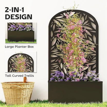 Outsunny Metal Raised Garden Bed with Trellis for Climbing Plants, Freestanding or Wall Mounted Flower Bed with Cueved Privacy Panel, Leaves Cut-Out Outdoor Planter Box for Garden, Patio, Balcony