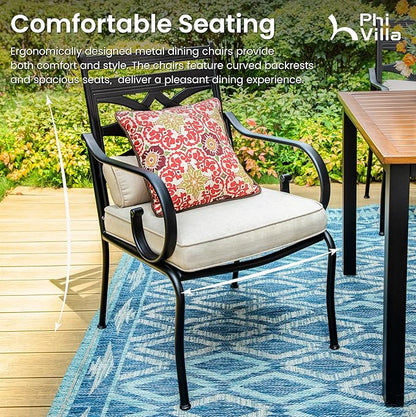 PHI VILLA 5 Pieces Outdoor Dining Set for 4, 42" Square Brown Metal Table with Umbrella Hole & Wrought Iron Chairs, All Weather Large Outside Furniture with Cushions & Pillows for Patio, Deck, Porch