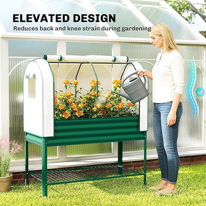 Outsunny Galvanised Raised Garden Bed with Greenhouse Cover, Metal Elevated Garden Bed with Legs, Bed Liner and Bottom Shelf, Outdoor Raised Planter Box for Vegetables, Herbs, Flowers, Green