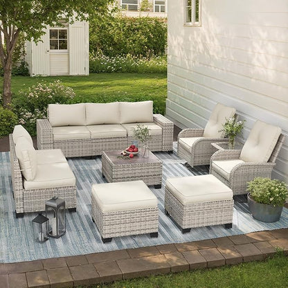 11-Piece Outdoor Patio Furniture Set with Rocking Swivel Chair Wicker Sectional Sofa Set, Patio Conversation Set with Ottomans & Coffee Table for Garden, Backyard, Poolside, White