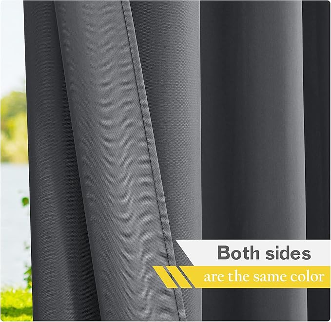 NICETOWN 2 Panels Patio Outdoor Curtains 108" Length, Thermal Insulated Tab Top Light Blocking Vertical Drapes Waterproof Indoor Outdoor Panels for Lawn & Garden, Dark Grey, W55 x L108