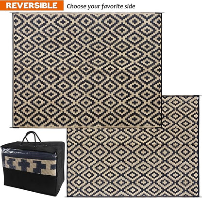 SAND MINE Waterproof Outdoor Rug 8x10 ft, Plastic Reversible Rug, Modern Area Rug, Large Floor Mat for Outdoors, RV, Patio, Backyard, Deck, Picnic, Beach, Camping, Black & Beige