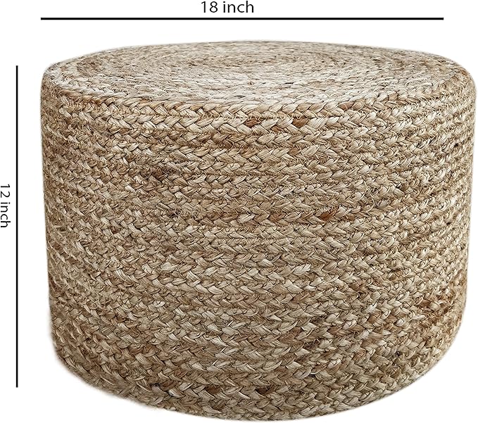 Scandilivin Homes Pouf Ottoman - 100% Natural Jute Braided- Footrest Pouf Hand Knitted - Traditional Cord Boho Pouffe - for The Living Room, Bedroom, Nursery, Patio, Lounge (18”x18”x12”)