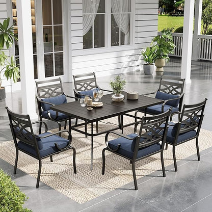 Sophia and William Patio Dining Set for 6, Outdoor Table and Chairs, Removable Blue Seat Cushions, 60" Black Patio Dining Table,Blue