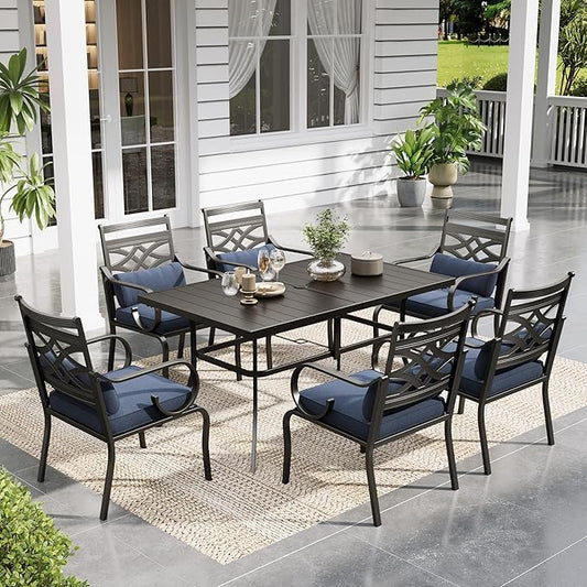 Sophia and William Patio Dining Set for 6, Outdoor Table and Chairs, Removable Blue Seat Cushions, 60" Black Patio Dining Table,Blue