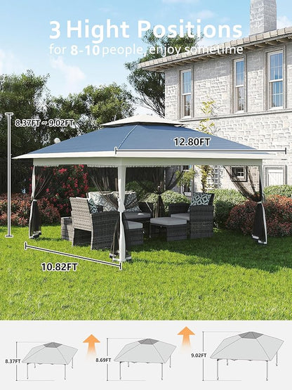 13 X 13FT Pop Up Gazebo, Canopy Tent, Gazebos on Clearance,Patio Folding Canopy with Mosquito Netting - Backyard Tent for Party, Wedding, Outdoor Dining, Patio, Backyard(Navy Blue+Hemp Grey)