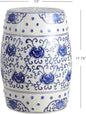 Decorative Garden Stool, Blue and White Ceramic Lotus Drum, 17.75 Inch