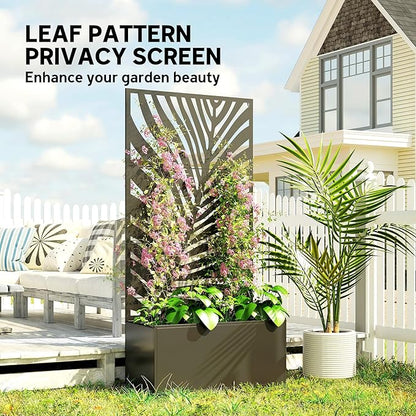 Outsunny Metal Planter Box with Trellis, 71" Tall Raised Garden Bed with Trellis Privacy Screen for Climbing Plants, Large Leaf Cut-Out Privacy Planter for Garden, Patio, Balcony
