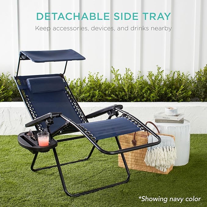 Best Choice Products Folding Zero Gravity Outdoor Recliner Patio Lounge Chair w/Adjustable Canopy Shade, Headrest, Side Accessory Tray, Textilene Mesh - Dusty Green