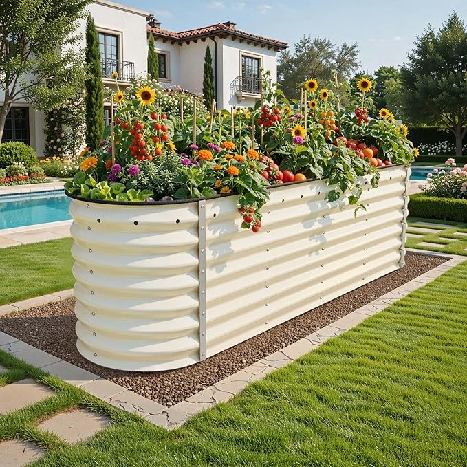 YITAHOME 24" Tall 9 in 1 Large Raised Garden Bed Kit, 8x4x2ft Galvanized Metal Planter Box with Gloves and Safety Rubber, Outdoor Above Ground Planters for Plants Vegetables Flowers, White