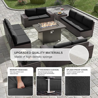 Kullavik 13PCS Outdoor Patio Furniture Set with 43" 55000BTU Gas Propane Fire Pit Table PE Wicker Rattan Sectional Sofa Patio Conversation Sets,Black