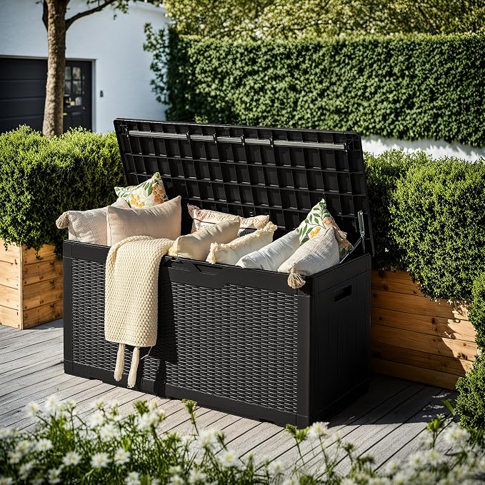 Deck Box 97 Gallon Black Resin Outdoor Storage Bench with Lock