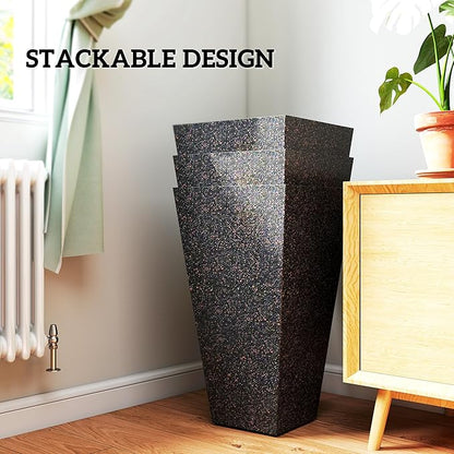 Outsunny 28 Inch Tall Planters for Outdoor Plants, Set of 3 Plastic Flower Pots with Marble Finish and Drainage Holes, Stackable Tapered Large Planters for Indoor Plants, Front Porch Decor, Brown
