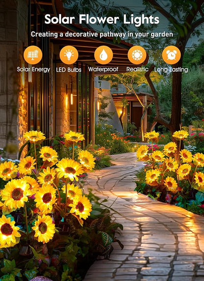 Brightown Outdoor Solar Garden Lights - 4 Pack LED Flower Lights with Larger Sunflowers, Bigger Solar Panel, Waterproof for Outside Yard Patio Garden Decorations