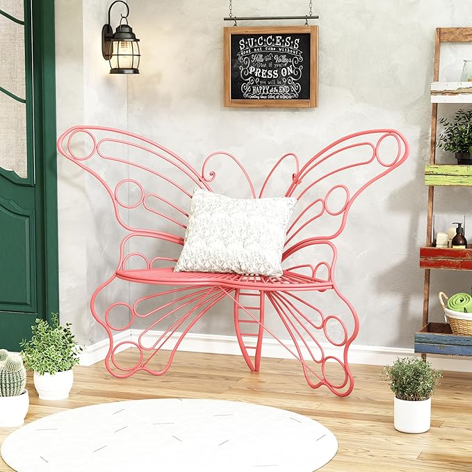 50 Inches Outdoor Bench, Garden Bench with Sturdy Iron Metal Frame, Pretty Butterfly Bench Front Porch Bench for Porch,Lawn,Garden,Yard