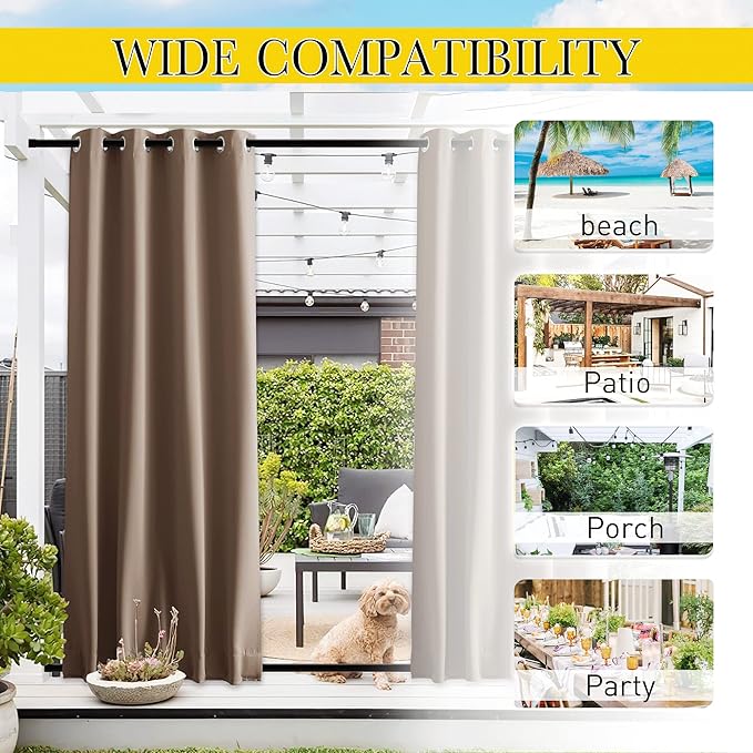 NICETOWN 2 Panels Blackout Patio Waterproof Outdoor Curtains, Insulated Top & Bottom Grommet & Back Tab Windproof Room Darkening Drapes Privacy for Pergola with Fixed Ropes, W46 x L72, Tan-Khaki