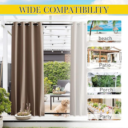 NICETOWN 2 Panels Outdoor Curtains for Patio Waterproof Top & Bottom Grommet & Back Tab, Blackout Outdoor Drapes with Rope for Fixed Windproof Privacy Sun Blocking for Porch, W46 x L90, Tan-Khaki
