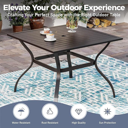 5 Piece Patio Dining Set for 4, 37”x37” Square Table with Umbrella Hole, 4 Metal Red Chairs, Outdoor Table and Chairs Set for Lawn Backyard and Deck