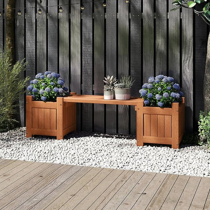 Giantex 2-in-1 Outdoor Bench with 2 Raised Garden Beds, Wood with Teak Oil Finish, Planter Boxes with Open-Ended Base, Garden Bench Seat for Porch Balcony Lawn Yard, DIY Assembly, 42"x11"x11.5"