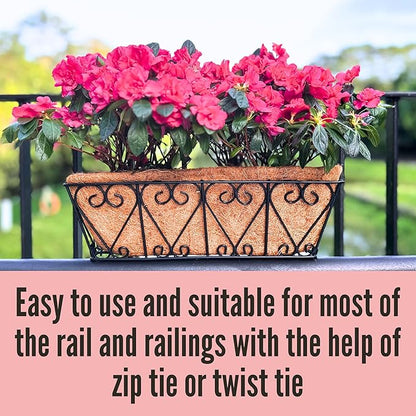 LaLaGreen Wall Planters - 2 Pack, 16 Inch Window Flower Boxes Outdoor, Deck Railing Hanging Metal Wire Basket Black with Coco Liners Horse Troughs Fence Balcony Garden Farmhouse Patio Porch Over Rail