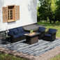 Joyside Wicker Patio Furniture Sets, 5 Pieces Upgraded Large Size Outdoor Furniture with Swivel Rocking Patio Chairs, 3-Seat Sofa, Fire Table, Coffee Table, Thick Cushions, Wide Armrest, Blue