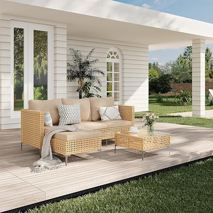 3-Piece L-Shaped Patio Furniture Set - Weather Resistant Wicker Sectional Sofa with Thick Cushions & Coffee Table for Small Spaces (Yellow/Beige)