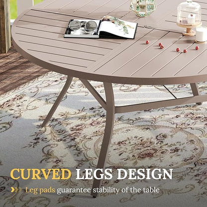 VICLLAX Round Patio Table with Adjustable Umbrella Hole for 8, All Weather Metal Outdoor Dining Table for Lawn Garden, 59.8" Outdoor Coffee Table, Cream Color Frame