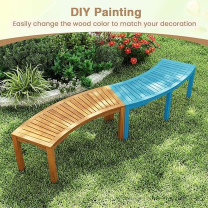 Tangkula Outdoor Curved Bench, Acacia Wood Fire Pit Bench w/Slatted Seat, Patio Backless 2-Person Seating for Porch, Yard, Garden, 800 LBS Max Load, Oil Painted (1, 45")