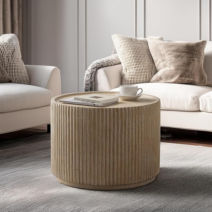 Christopher Knight Home Yunara 17" H Lightweight Concrete End Table with Stunning Fluted Design, Indoor Outdoor Accent Side Table, Travertine Effect Round Coffee Table, No Assembly, Natural