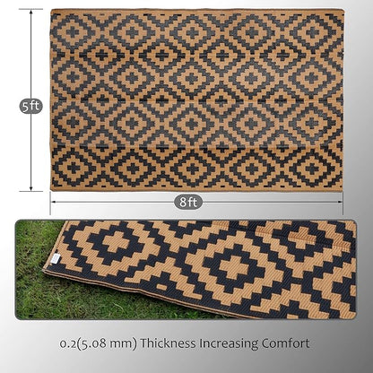 SAND MINE Reversible Mats, Plastic Straw Rug, Modern Area Rug, Large Floor Mat and Rug for Outdoors, RV, Patio, Backyard, Deck, Picnic, Beach, Trailer, Camping, Black & Brown, 5' x 8'