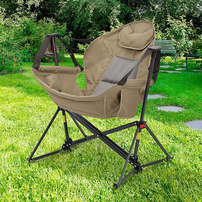 Ainfox Hammock Camping Chair, Foldable Portable Rocking Chairs for Adults Outside Swinging Camp with Cup Holder Pillow for Outdoor Patio Poolside (Brown)