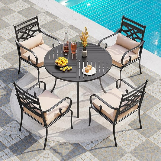 PHI VILLA 5 Pieces Outdoor Dining Set for 4, 42" Round Black Metal Table with Umbrella Hole & Wrought Iron Chairs, Rustproof Large Outside Furniture with Cushions & Pillows for Patio, Deck, Porch