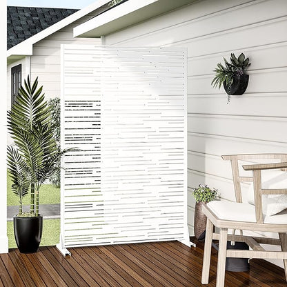 Casaphoria Metal Privacy Screen Outdoor, 72" H x 47" W Freestanding Decorative Privacy Screen for Patio Deck Balcony Garden with Stable Base, White-Shine