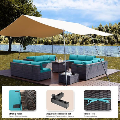 Kullavik 15 Pieces Outdoor Patio Furniture Set with 43" 55000BTU Gas Propane Fire Pit Table PE Wicker Rattan Sectional Sofa Patio Conversation Sets,Blue