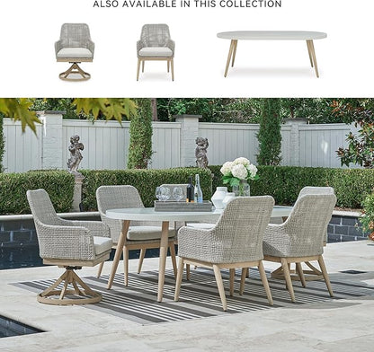 Signature Design by Ashley Seton Creek Cottage Nuvella Weather Resistant Fabric Outdoor Dining Arm Chair with Cushion, Set of 2, Light Brown & Light Gray