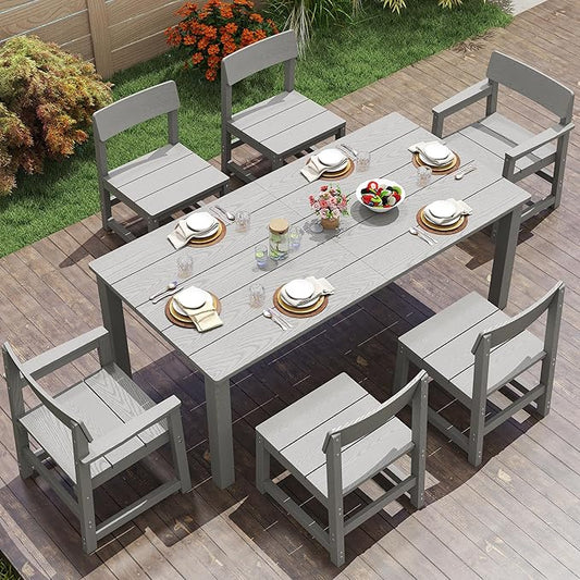 Patio Dining Sets 7 Piece HIPS Outdoor Dining Table Set with Umbrella Hole Table and 6 Chairs Furniture for Backyard Poolside Garden, Grey