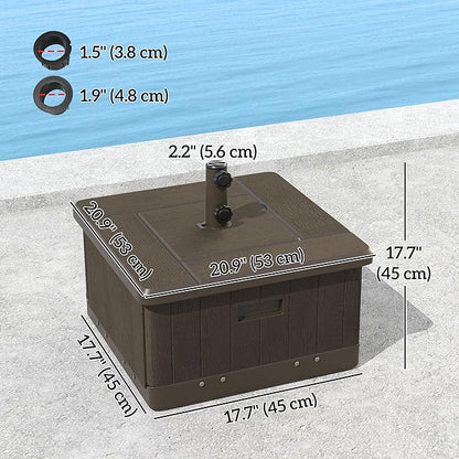 Outsunny 3-in-1 Outdoor Umbrella Base, Coffee End Table, Planter Box with Drain Hole, 175 lbs. Capacity Heavy Duty Fillable Patio Umbrella Stand Table with Wheels and Handles for Deck, Poolside, Brown