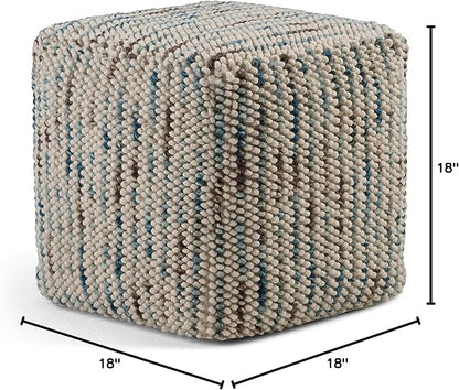 SIMPLIHOME Zoey Cube Pouf – 18 inch Wide Upholstered Wool and Cotton Ottoman in Multi-Color, Boho Woven Footstool or Extra Seating for Living Room, Bedroom, or Kids Room, Assembled