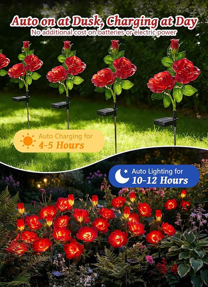 Brightown Outdoor Solar Flower Lights, 4 Pack Solar Garden Light with Larger & More Realistic Red Rose, Bigger Solar Panel, Waterproof Solar Lights Outdoor for Yard Garden Lawn Pathway Decoration