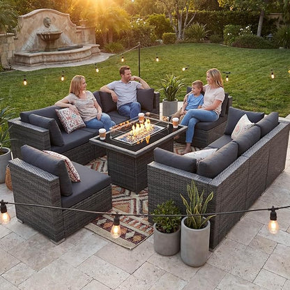 NICESOUL 9 Piece Modern Oversized Outdoor Patio Furniture Set with Firepit Table Propane/Natural Gas, 29.3'' High Back Deep Wide Conversation, Luxury 8 Seats Modular Sectional for Backyard, Gray