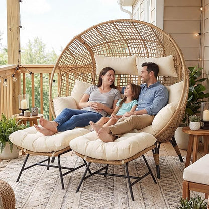 NICESOUL Modern Double Egg Chair with Footrest & Padded Cushions, 2 Person Wide Wicker Lounge Chair with Deep Seating, 57.1" Extra Large Stationary Loveseat Cozy Cream Chairs for Inside Outside