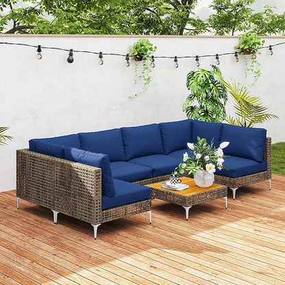 Outsunny 7 Piece Wicker Patio Furniture Set, Modular Outdoor Sectional with Thickened Cushions, Rattan Outdoor Furniture Conversation Set with Slatted Acacia Wood Table for Backyard, Brown/Dark Blue