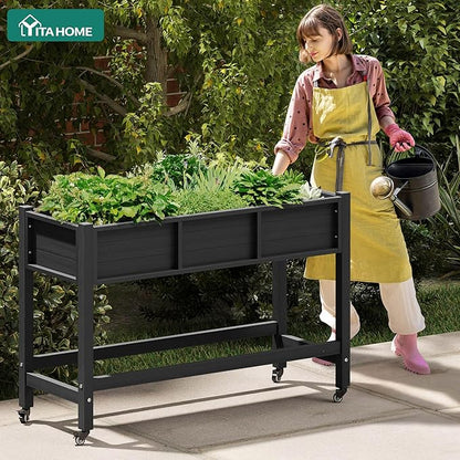 YITAHOME Raised Garden Bed HDPE, 47x18x31 in Raised Planter Box with Legs Poly-Wood Weather-Resistant Elevated Planter Box with Lockable Wheels for Vegetables, Herb Garden Bed, Black