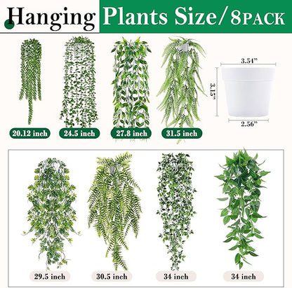 Der Rose 8Pcs Fake Plants Hanging Artificial Ivy Vine Faux Eucalyptus Hanging Plants for Home Boho Wall Shelf Indoor Outdoor Decor (White Pots)